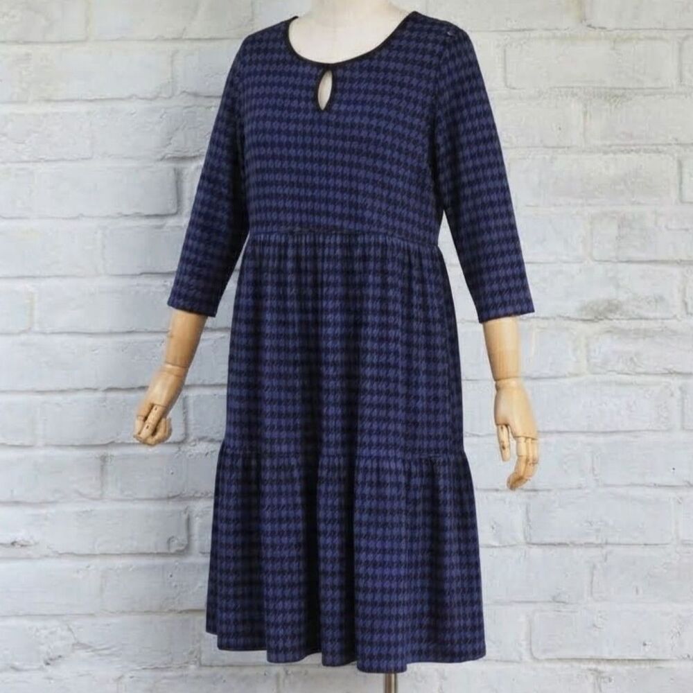 Susan Graver Liquid Knit Blue Black Houndstooth Tiered Dress Size XL Like New